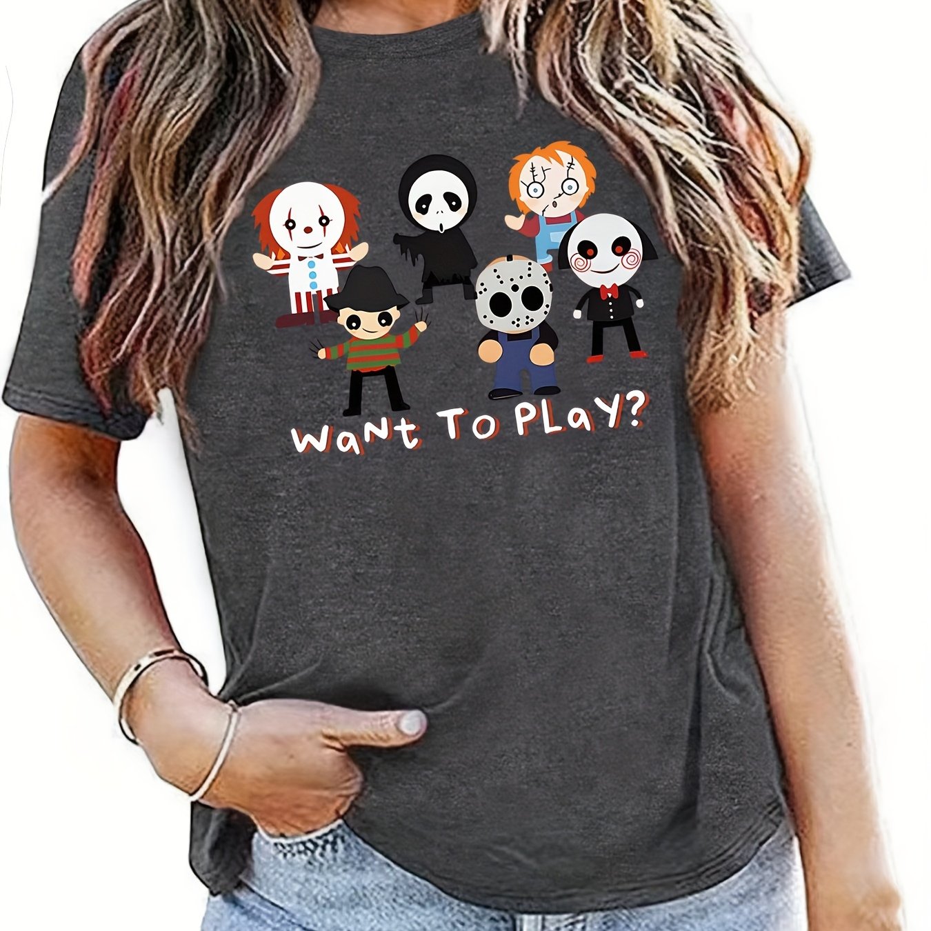 Halloween Cartoon Print T-Shirt, Casual Short Sleeve Top For Spring & Summer, Women's Clothing