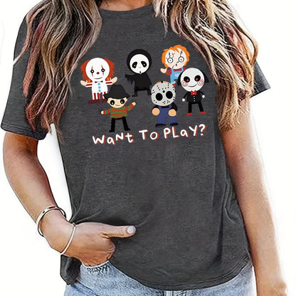 Halloween Cartoon Print T-Shirt, Casual Short Sleeve Top For Spring & Summer, Women's Clothing