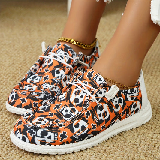 Women's Skull Pattern Canvas Shoes: Lightweight, Low Top Halloween Shoes for Casual and Outdoor Wear