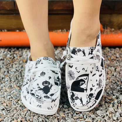 Spooktacular Women's Halloween Print Canvas Shoes: Lightweight, Low-Top, White Lace-Up Outdoor Shoes