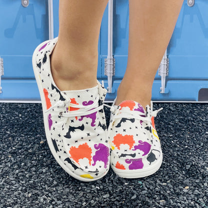 Funny Lace-Up Canvas Shoes: Comfortable and Lightweight Halloween Print Slip-On Flats for Women