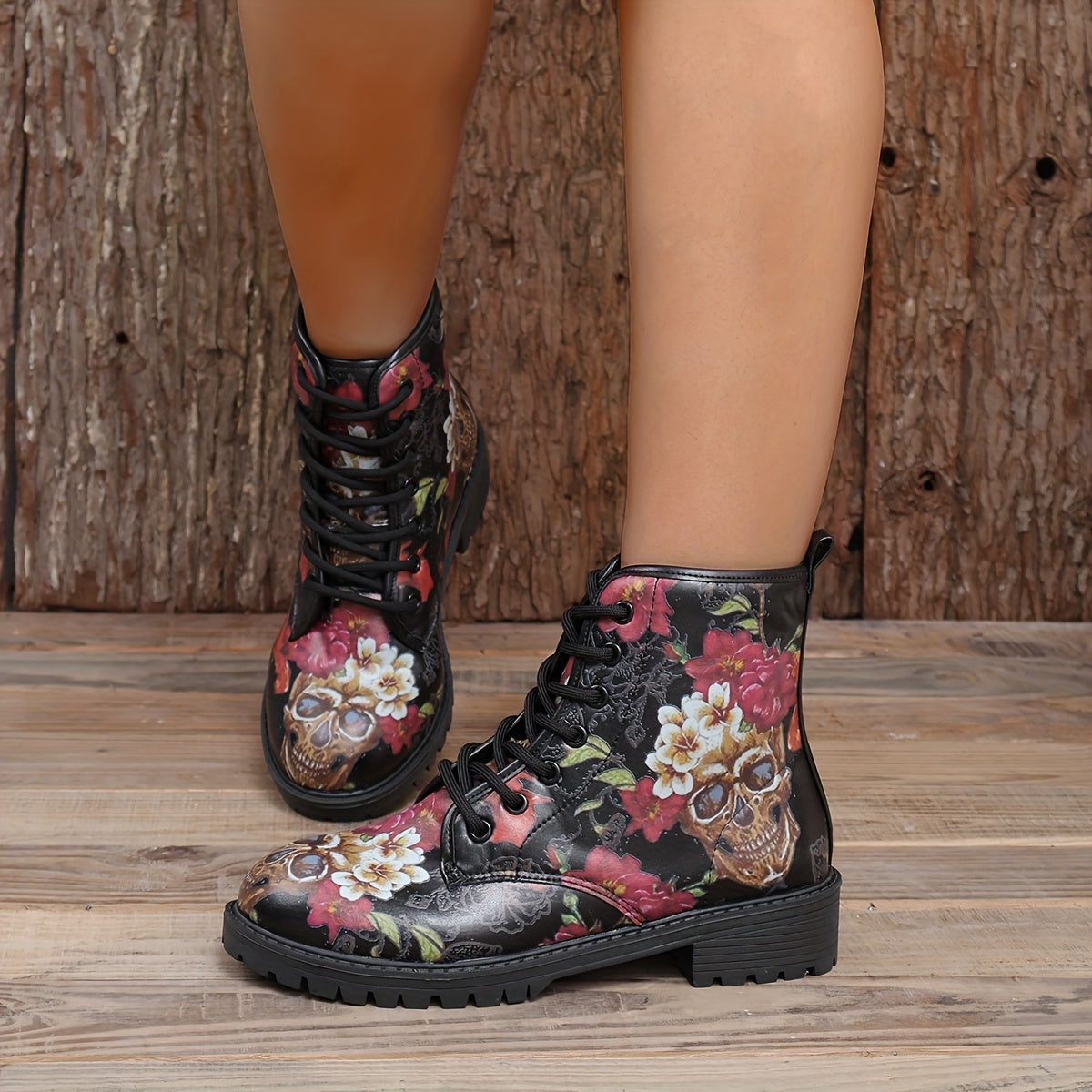 Fearlessly Fashionable: Women's Skull Floral Print Ankle Boots - The Ultimate Halloween Statement