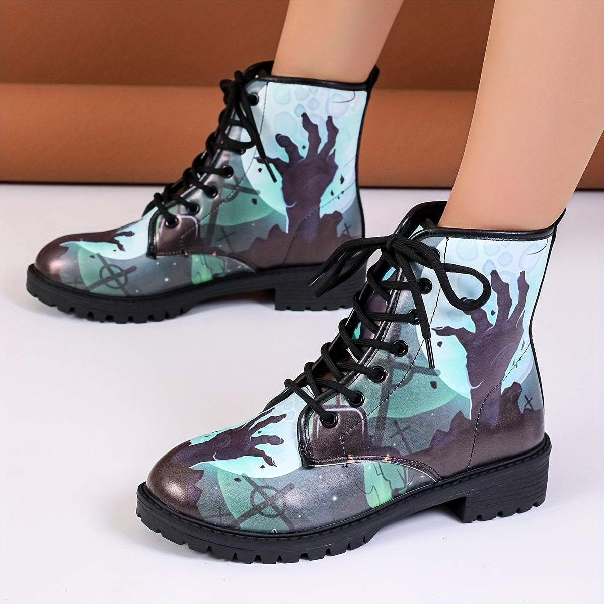 Step into the Spooky Season with Women's Halloween Style Ankle Boots: Horror-inspired Zombie Print Combat Boots for Casual Chic