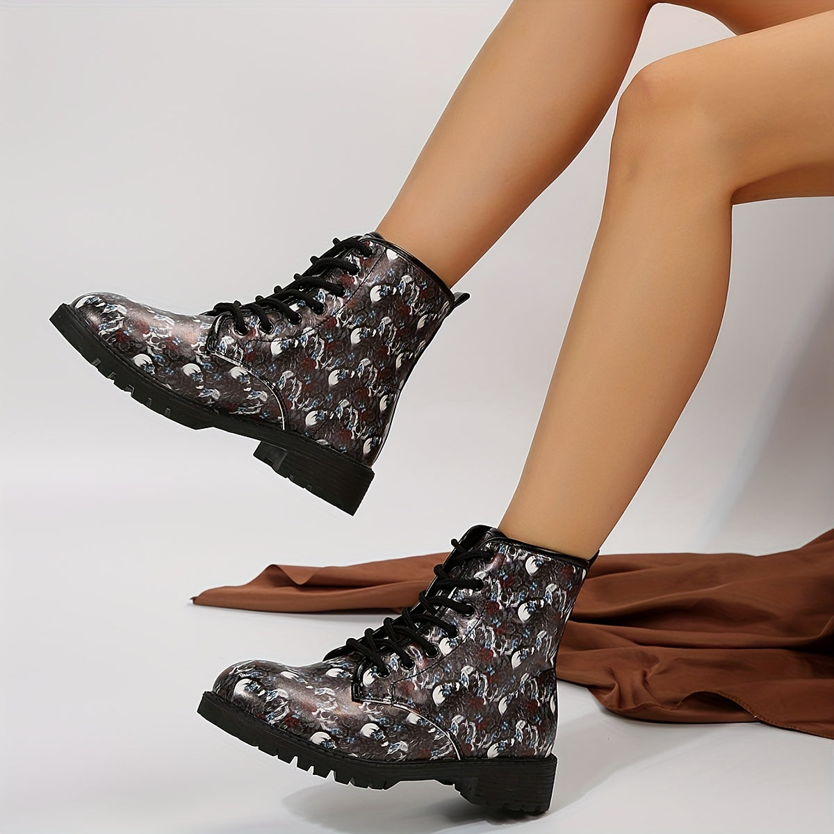 Womens Skull Rose Print Ankle Boots: Spooky Elegance for Halloween Fun