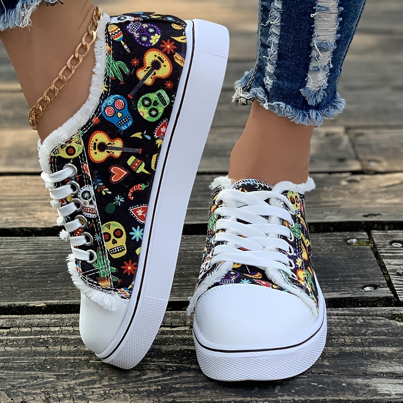 Women's Halloween Skull Pattern Canvas Sneakers: Spook up Your Style with Lace-Up Low Top Flats for Casual Walking