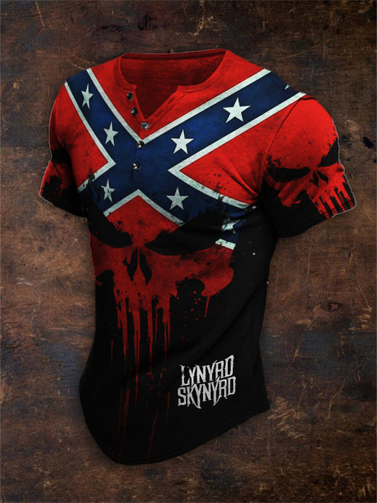 Men's Southern Rock Band Rebel Flag Skull Henley Shirt