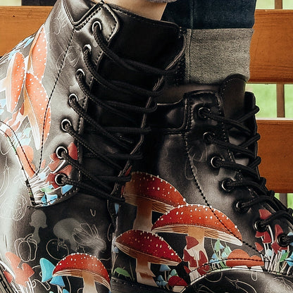 Mysterious Magic: Women's Mushroom Printed Ankle Combat Boots with Halloween Vibes