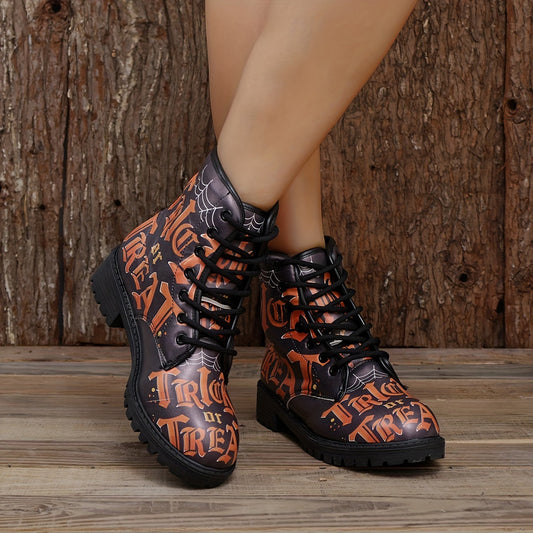 Stylish and Spooky: Women's Halloween Print Combat Boots - Lace-Up, Lug Sole Ankle Boots for Casual All-Match Appeal