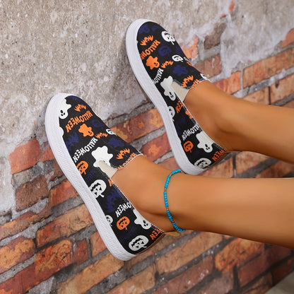 Halloween Chic: Lightweight Women's Canvas Sneakers with Pumpkin and Ghost Print