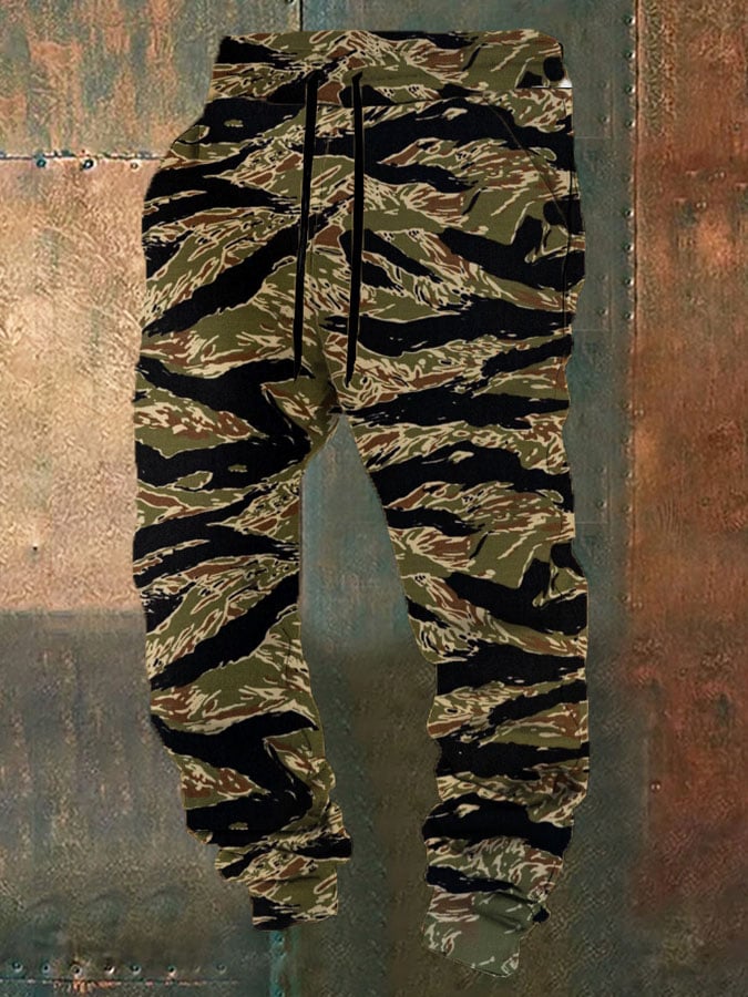 Men's Retro Western Tiger Camouflage Print Elastic Waist Tie-Up Trousers