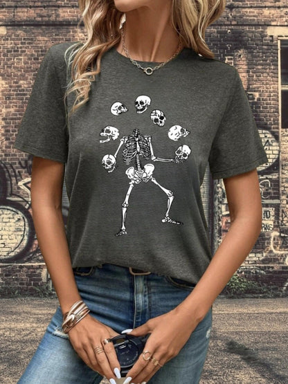 Spooky Chic: Skull Head Halloween Printed T-Shirt - Summer Casual, Loose Fit Round Neck Short Sleeve Top - Women's Clothing Collection