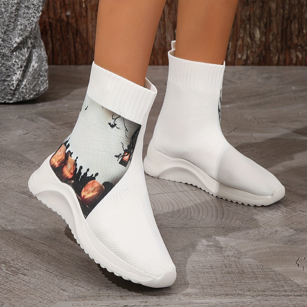 Pumpkin Devil Print Sock Boots: Spook-tacular Halloween-themed Slip-Ons for Women!