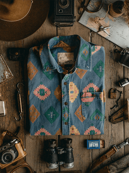 Men's Retro Western Ethnic Aztec Color Block Shirt