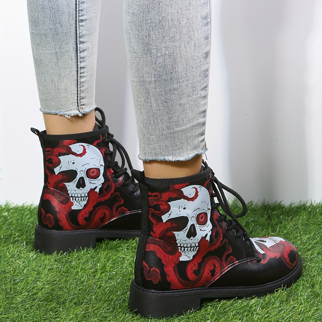 Wickedly Stylish: Women's Skull Print Combat Boots - Fashionable, Comfortable, and Perfect for Halloween