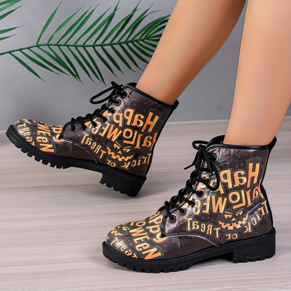 Casual Chic: Women's Halloween Print Ankle Boots with Lace-Up Combat Style and Anti-Slip Lug Sole