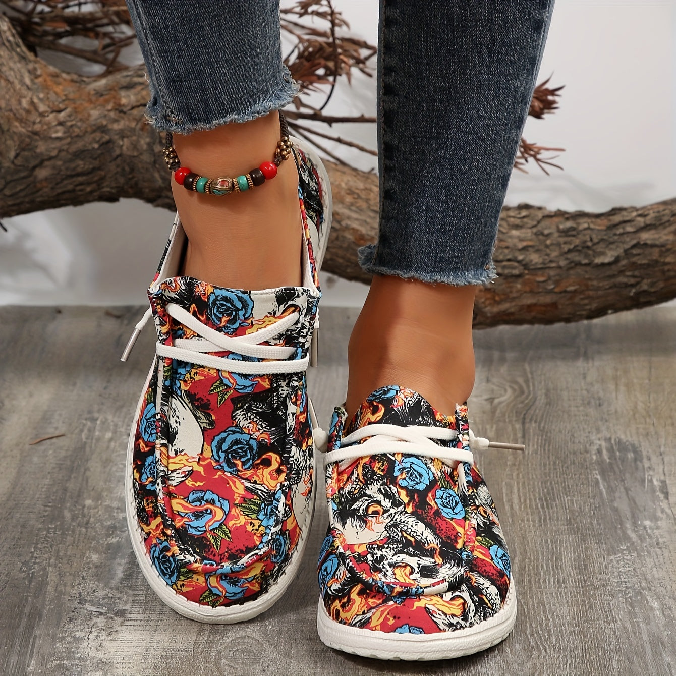 Skull and Rose Pattern Canvas Shoes: Halloween Low-Top Slip-On Sneakers for Casual Walking and Flat Loafers