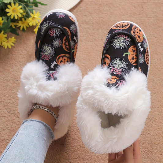 Cozy and Chic: Women's Pumpkin Pattern Fluffy Shoes - Stay Warm and Stylish this Halloween Season!