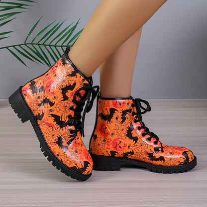 Witchy Chic: Women's Pumpkin Cobweb Bat Print Boots - The Ultimate Halloween Lace-up Combat Boots