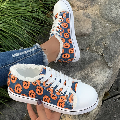 Women's Ghost Face Pumpkin Print Sneakers: Spooktacular Halloween Flat Canvas Shoes