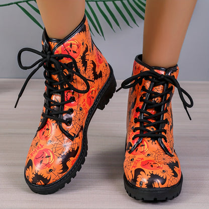 Witchy Chic: Women's Pumpkin Cobweb Bat Print Boots - The Ultimate Halloween Lace-up Combat Boots