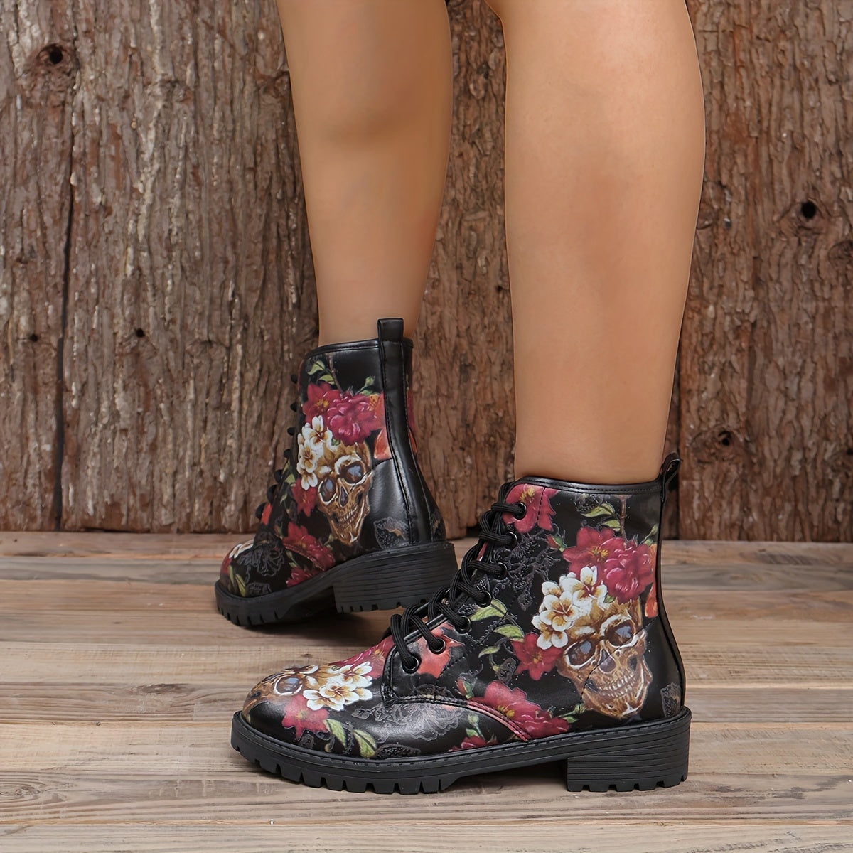 Fearlessly Fashionable: Women's Skull Floral Print Ankle Boots - The Ultimate Halloween Statement