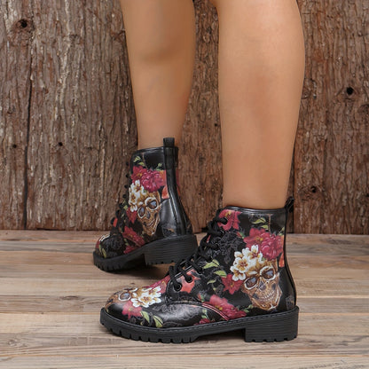 Fearlessly Fashionable: Women's Skull Floral Print Ankle Boots - The Ultimate Halloween Statement