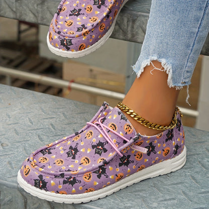 Pumpkin & Cat Pattern Print Canvas Shoes, Lightweight Low Top Halloween Shoes - Casual Lace Up Outdoor Shoes