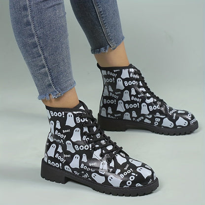 Halloween Haunt: Women's Ghost Print Combat Boots - Spooky Style with Comfort