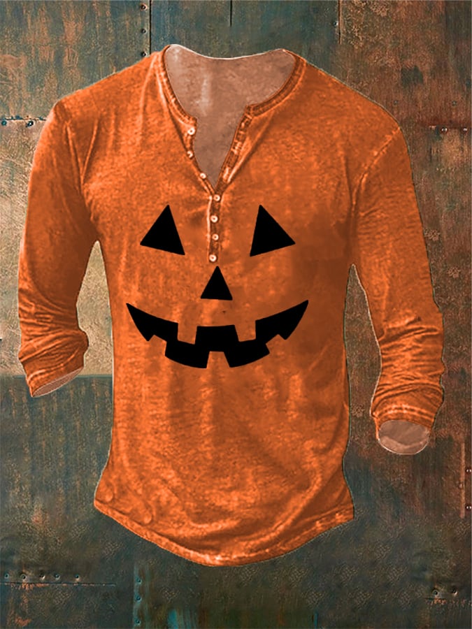 Men's Halloween Pumpkin Face Print Casual Long Sleeve Button Top