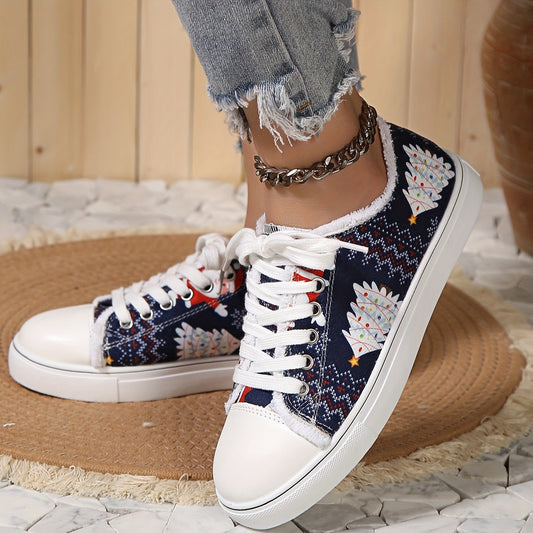 Stylish Women's Printed Canvas Shoes: Lightweight, Lace-Up Sneakers for Christmas and Halloween