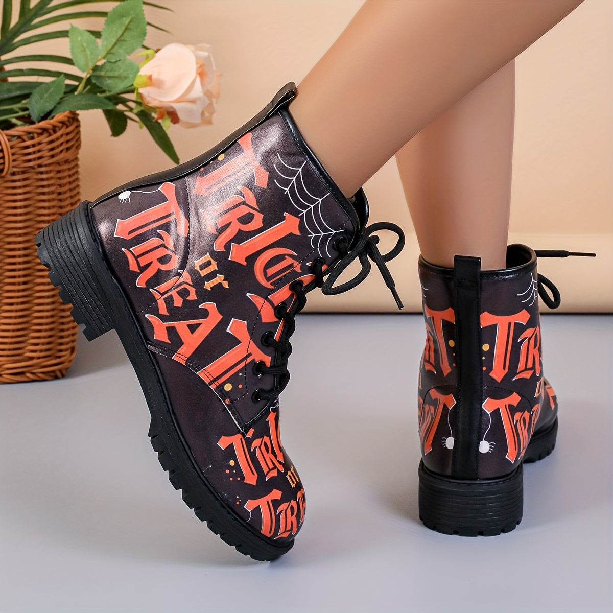 Stylish and Spooky: Women's Halloween Print Combat Boots - Lace-Up, Lug Sole Ankle Boots for Casual All-Match Appeal