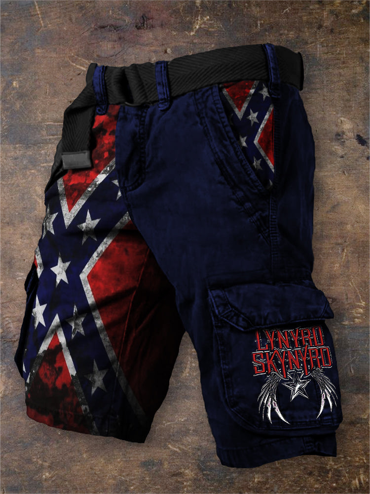 Men's Vintage Rock Band Rebel Flag Contrast Cargo Shorts