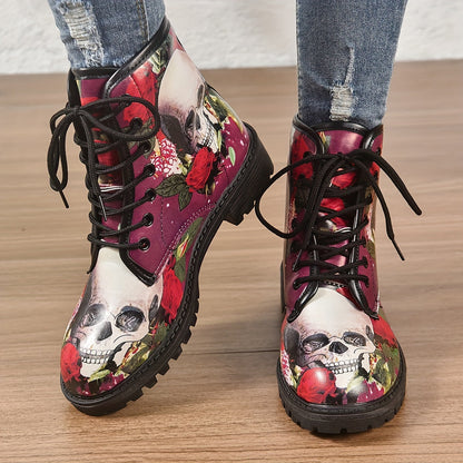 Stylish Halloween Ankle Boots: Women's Skull Rose Chunky Heel Boots with Fashion Lace-up – The Perfect Blend of Fashion and Spookiness!