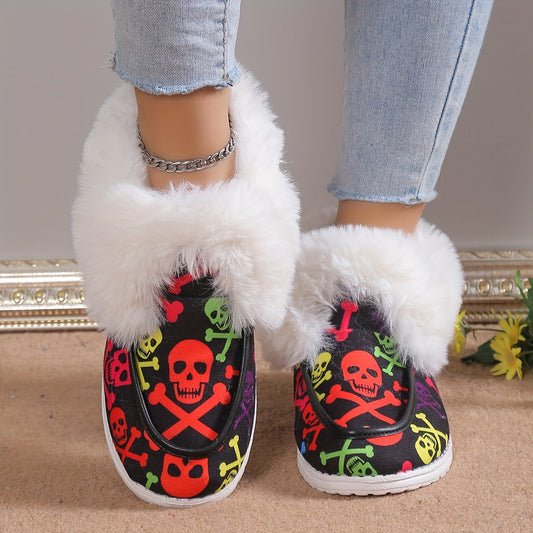 Women's Skull Pattern Fluffy Snow Boots: Stay Warm and Stylish this Winter with Halloween-inspired Ankle Boots!