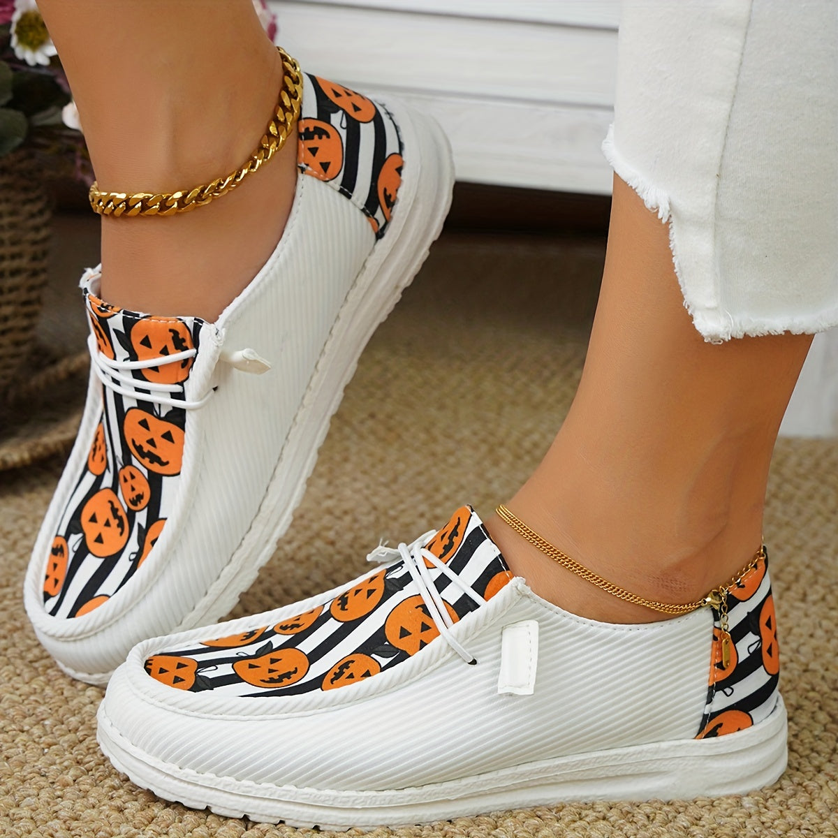 Stylish Women's Pumpkin Striped Print Canvas Shoes: Trendy and Lightweight Halloween Footwear