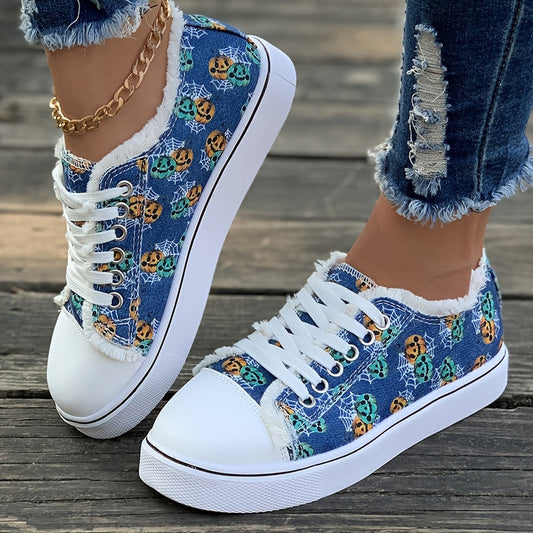 Women's Ghostly Halloween Sneakers: Spooktacular Low-Top Canvas Shoes for a Boo-tiful Casual Look