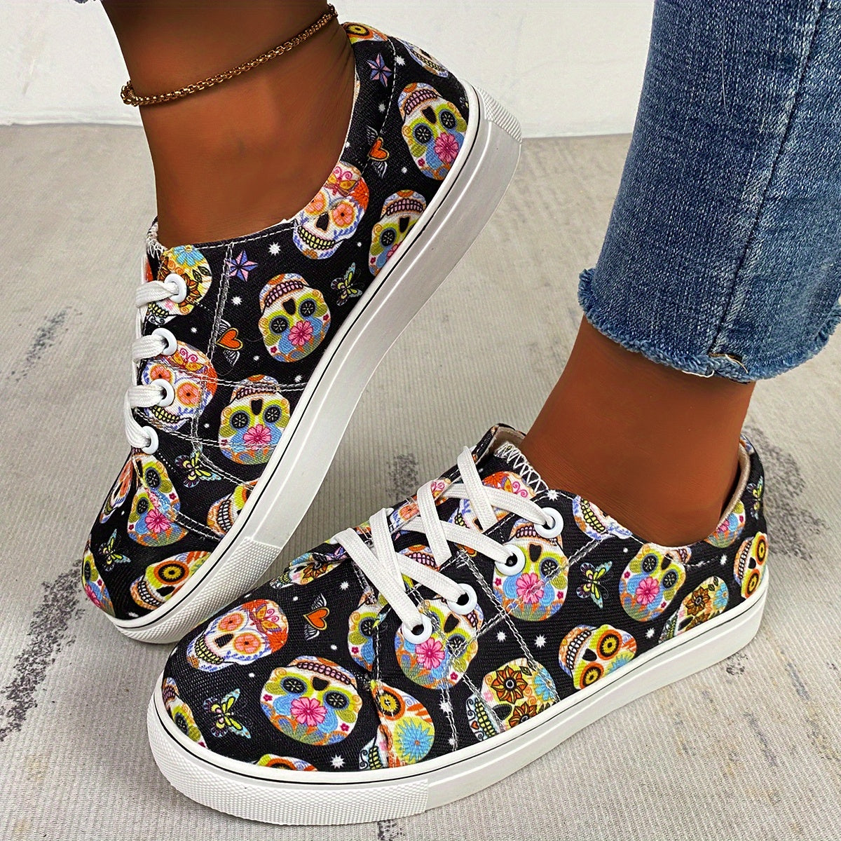 Floral Skull Women's Canvas Shoes - Non-Slip Lace Up Flat Loafer Sneakers for Casual and Halloween