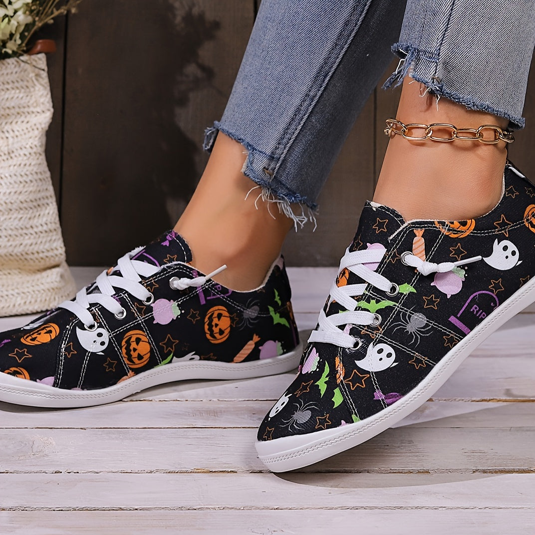 Festive Fun: Women's Cartoon Print Canvas Shoes - Slip-on, Comfy, Lightweight Halloween & Christmas Shoes