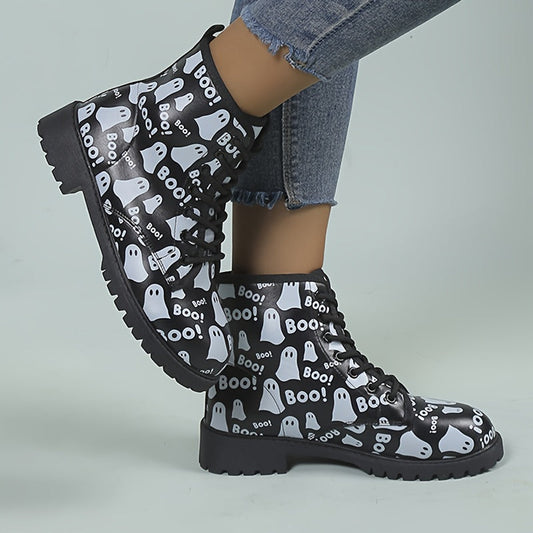 Halloween Haunt: Women's Ghost Print Combat Boots - Spooky Style with Comfort