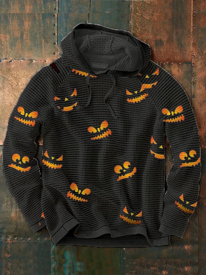 Men's Halloween Pumkin Face Print Casual Hooded Sweatshirt