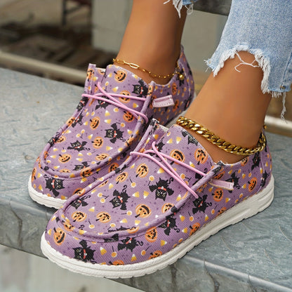 Pumpkin & Cat Pattern Print Canvas Shoes, Lightweight Low Top Halloween Shoes - Casual Lace Up Outdoor Shoes