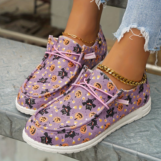 Pumpkin & Cat Pattern Print Canvas Shoes, Lightweight Low Top Halloween Shoes - Casual Lace Up Outdoor Shoes