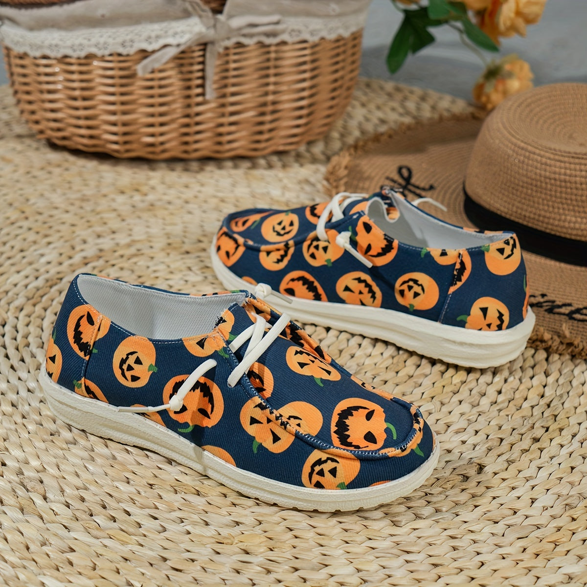 Spooktacular Style: Women's Pumpkin Print Canvas Shoes for a Festive Halloween Look