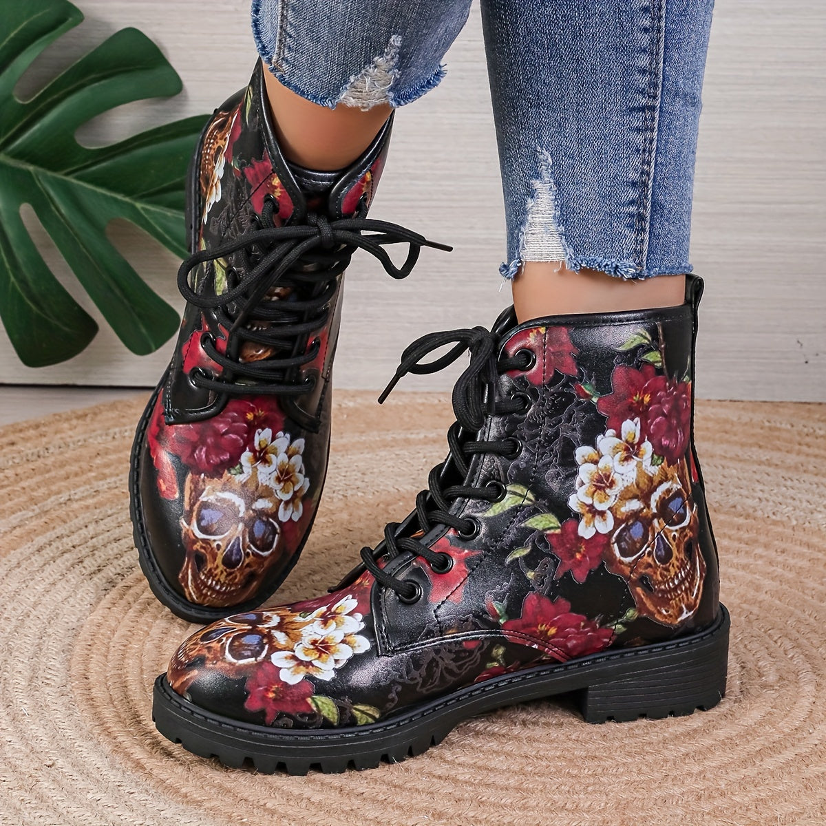 Fearlessly Fashionable: Women's Skull Floral Print Ankle Boots - The Ultimate Halloween Statement