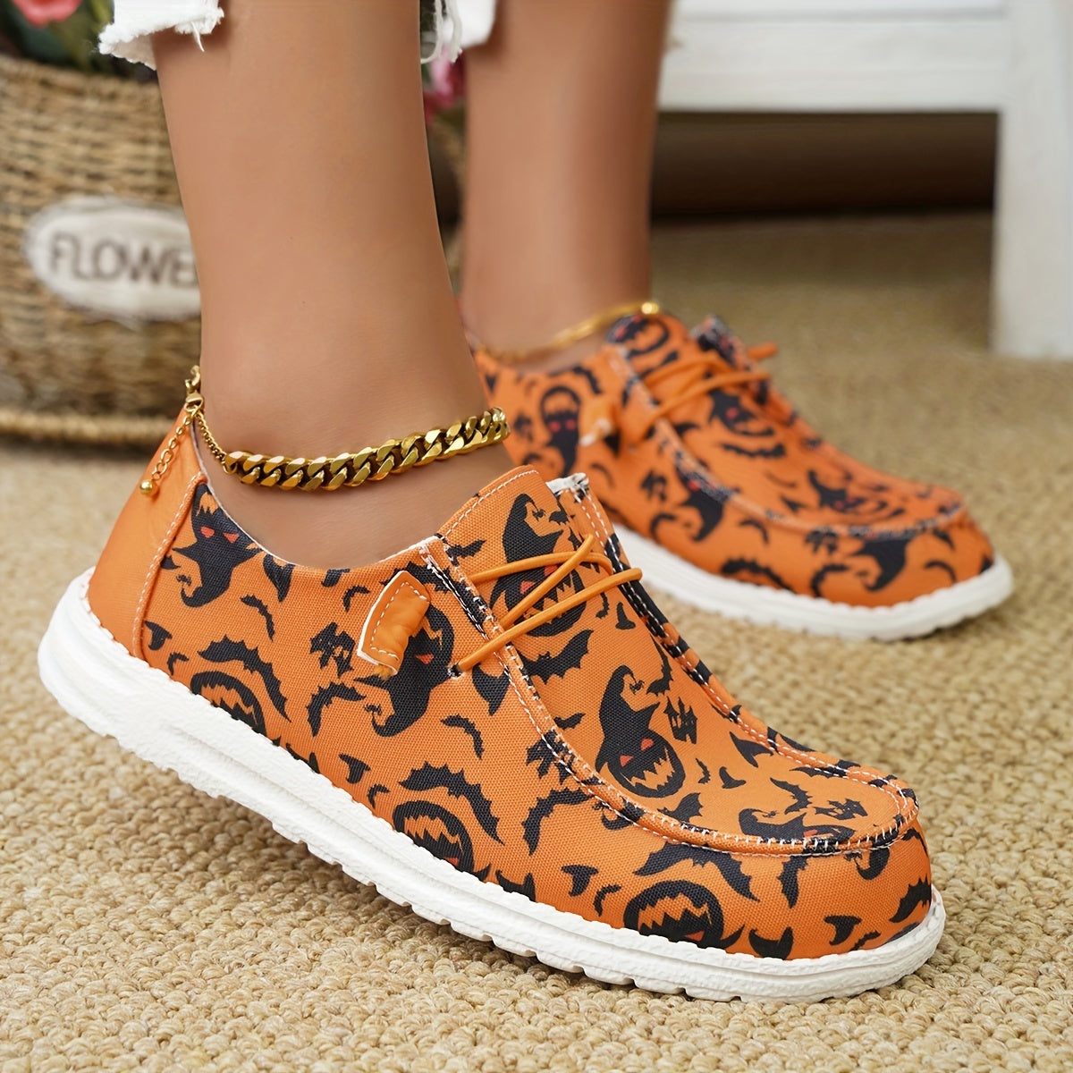 🎃Halloween Promotion 70% OFF –2024 🌹Women's Pumpkin Bat Print Canvas Sandals