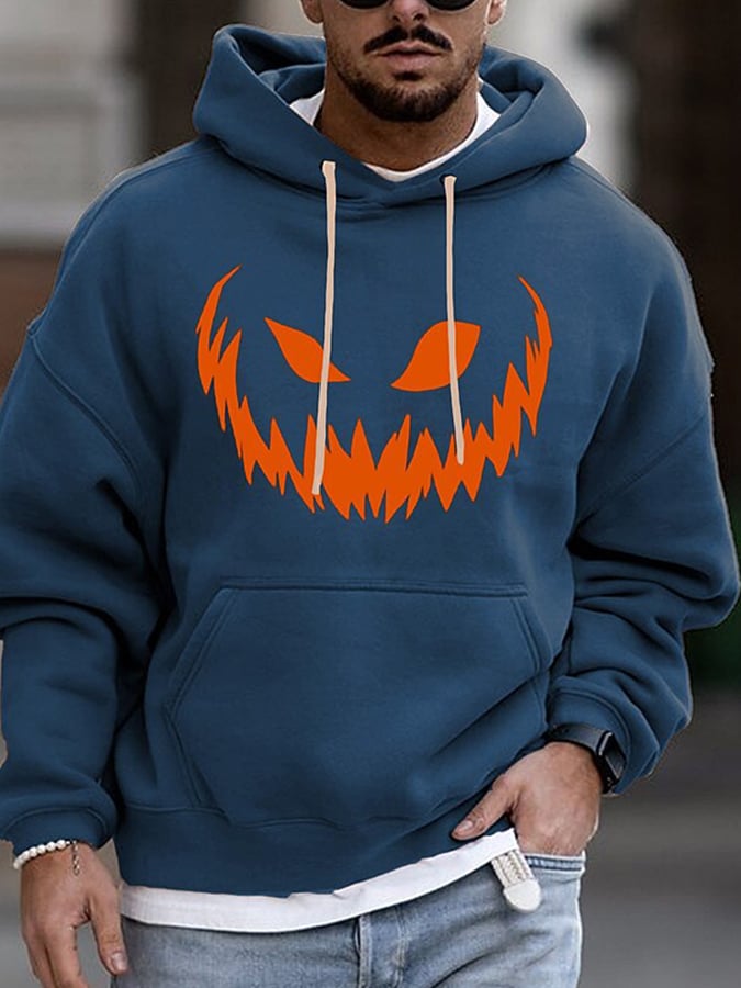 Men's Halloween Pumpkin Face Print Casual Hooded Sweatshirt