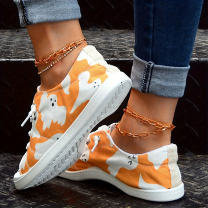 Women's Cartoon Cute Ghost Print Shoes, Slip On Round Toe Low-top Non-slip Lightweight Canvas Shoes, Daily Comfy Halloween Shoes