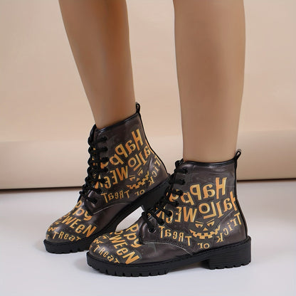 Casual Chic: Women's Halloween Print Ankle Boots with Lace-Up Combat Style and Anti-Slip Lug Sole