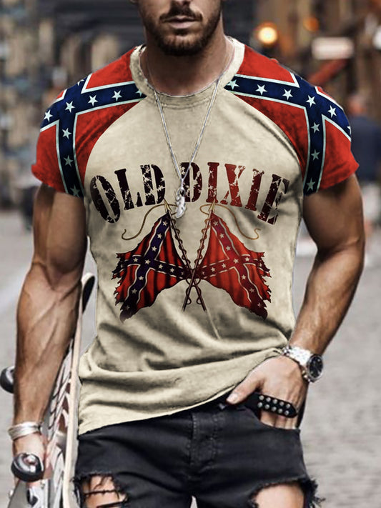 Men's Old Dixie Southern Pride Rebel Flag Patchwork T Shirt