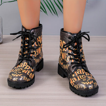 Casual Chic: Women's Halloween Print Ankle Boots with Lace-Up Combat Style and Anti-Slip Lug Sole